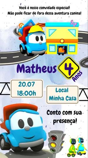 Convite Aniversário Léo o Caminhão para Editar e Imprimir