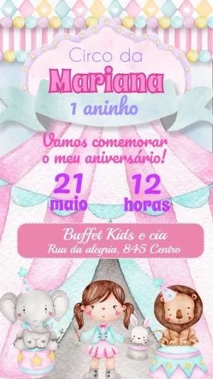 Convite de Aniversário Circo Aquarela Menina para Editar Online