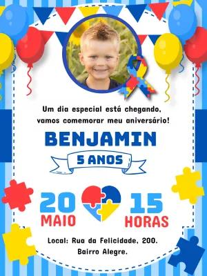 Convite Aniversário Autismo com Foto para Editar Online