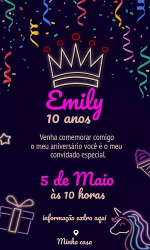 Convite de Aniversário Neon com Coroa para Editar Online