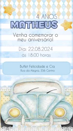 Convite de Aniversário Fusca Azul Aquarela para Editar Online