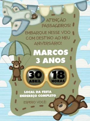 Convite Aniversário Ursinho Aviador para Editar Online