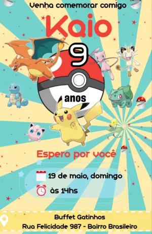Convite de Aniversário Pokémon com Personagens para Editar Online