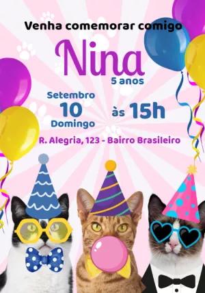 Convite Aniversário de Gatinhos Fofos para Editar Online
