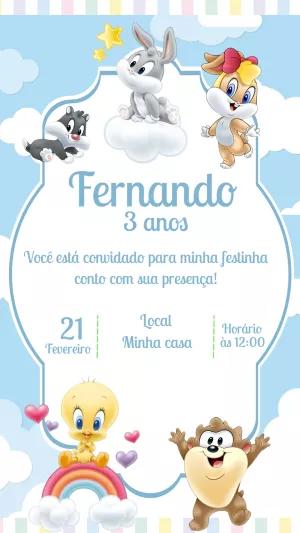 Convite Aniversário Looney Tunes Baby para Editar Online