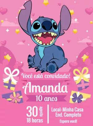 Convite Aniversário Stitch Rosa para Editar Online e Imprimir