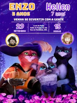 Convite Aniversário Duplo Gato de Botas com Foto para Editar