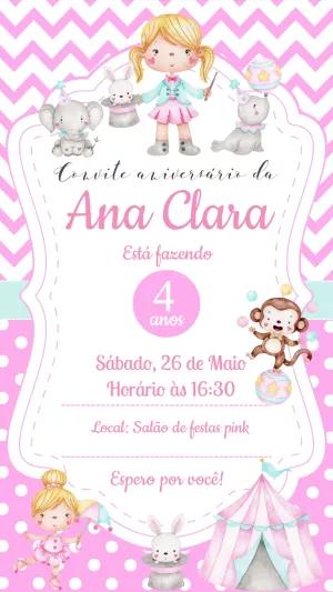 Convite Aniversário Circo Rosa com Animais para Editar