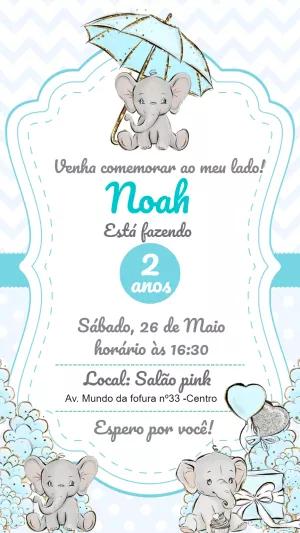 Convite Aniversário Elefantinho Azul para Editar Online