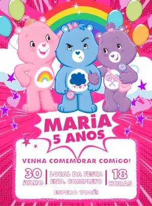 Convite Aniversário Ursinhos Carinhosos Rosa para Editar