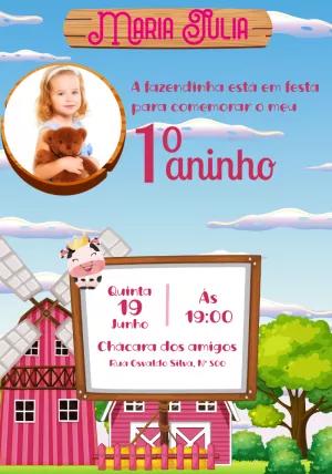 Convite Aniversário Fazendinha com Foto para Editar Online