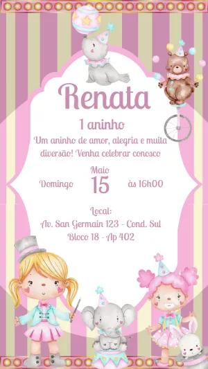 Convite Aniversário Circo Rosa com Animais para Editar Online