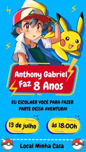 Convite de Aniversário Pokémon com Ash e Pikachu para Editar