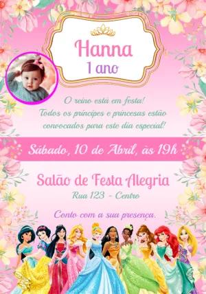 Convite Aniversário Princesas com Foto para Editar Online