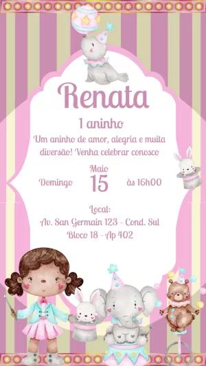 Convite Aniversário Circo Rosa com Animais para Editar Online