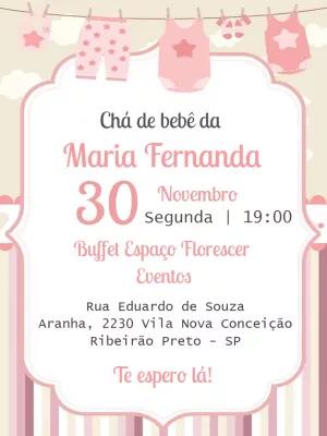 Convite Chá de Bebê Varal de Roupas Rosa para Editar Online