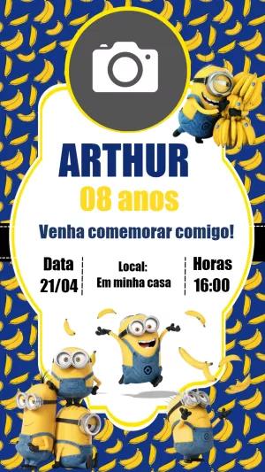 Convite Aniversário Minions com Foto para Editar Online