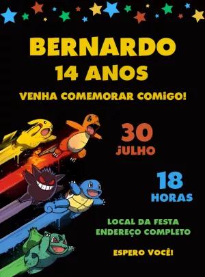 Convite de Aniversário Pokémon com Personagens para Editar Online