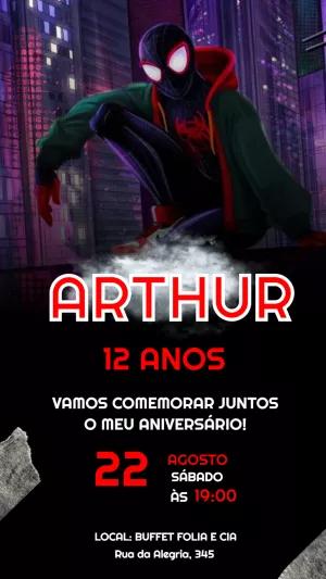 Convite de Aniversário Homem-Aranha Miles Morales Urbano para Editar
