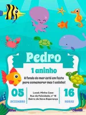 Convite Aniversário Fundo do Mar com Animais Fofos para Editar