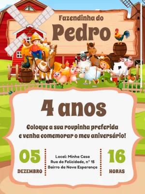 Convite Fazendinha Aniversário com Animais para Editar Online