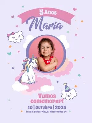 Convite Aniversário Unicórnio com Foto para Editar Online