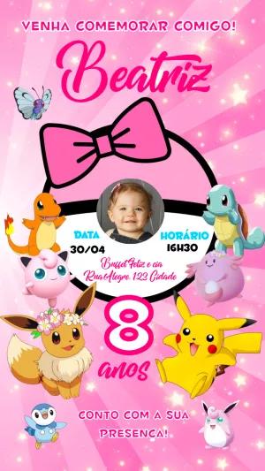 Convite Aniversário Pokémon Rosa com Foto para Editar Online