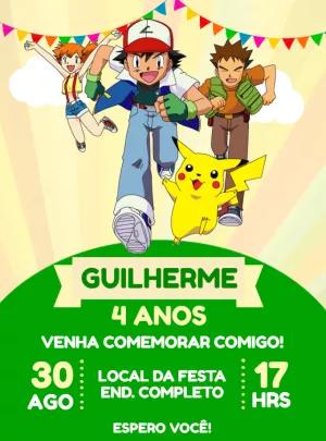 Convite Aniversário Pokémon com Personagens para Editar Online