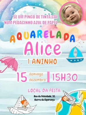 Convite Aniversário Aquarela Menina com Foto para Editar Online