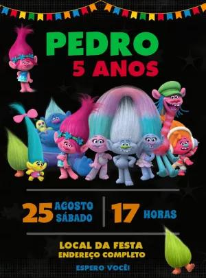 Convite de Aniversário Trolls com Personagens para Editar
