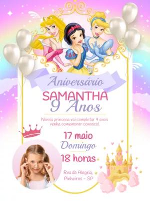 Convite de Aniversário Princesas da Disney com Foto para Editar