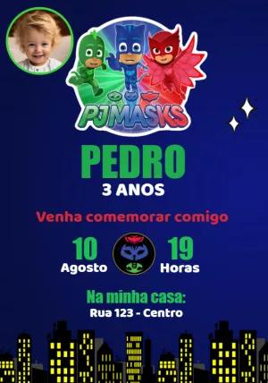 Convite Aniversário PJ Masks com Foto para Editar Online