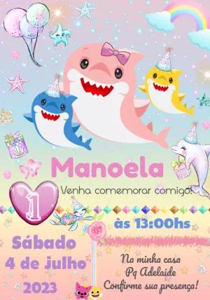 Convite de Aniversário Baby Shark Rosa para Editar Online