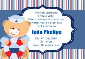 Convite Aniversário Ursinho Marinheiro para Editar Online