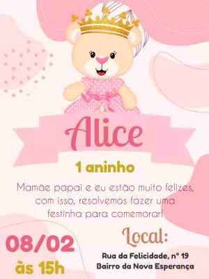 Convite Aniversário Ursinha Princesa para Editar Online