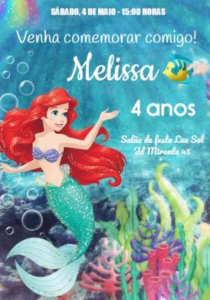 Convite Aniversário A Pequena Sereia Ariel para Editar Online