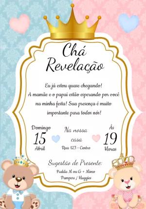 Convite Chá Revelação Ursinhos Príncipe e Princesa para Editar