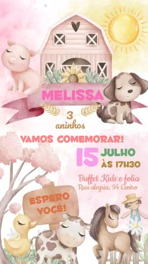 Convite Aniversário Fazendinha Aquarela para Editar Online