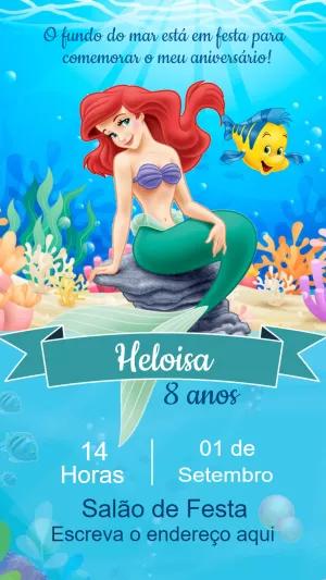 Convite Pequena Sereia Ariel no Fundo do Mar Editável