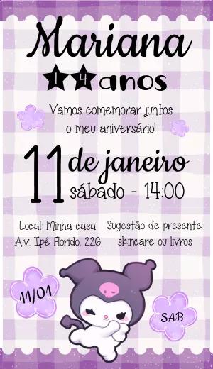 Convite de Aniversário Kuromi Roxo para Editar Online