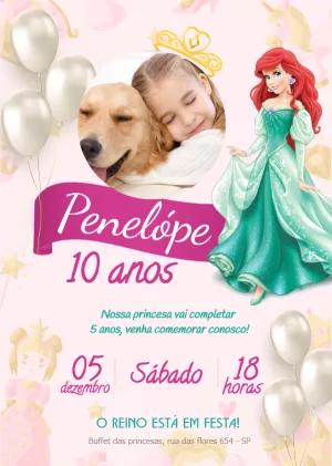 Convite Aniversário Pequena Sereia Ariel com Foto para Editar