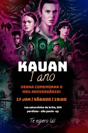 Convite Aniversário Stranger Things com Personagens para Editar