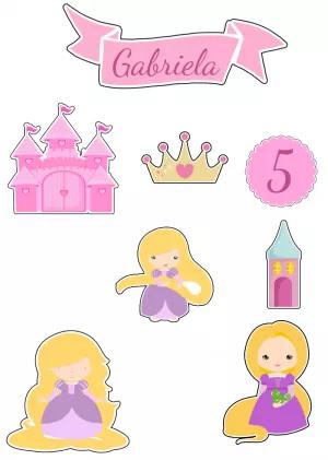 Topo de Bolo Aniversário Rapunzel com Elementos para Editar