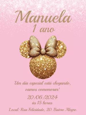Convite Aniversário Minnie Rosa e Dourado para Editar Online