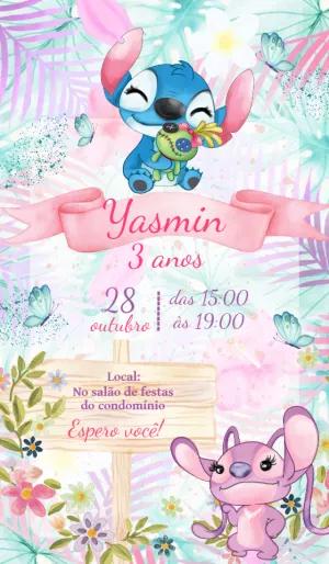 Convite Aniversário Stitch e Angel Aquarela para Editar Online
