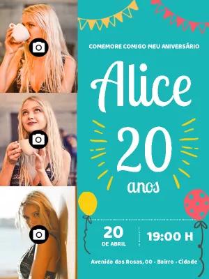 Convite de Aniversário Feminino com 3 Fotos para Editar Online