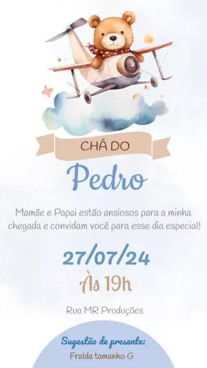 Convite Chá de Fraldas Ursinho Aviador para Editar Online