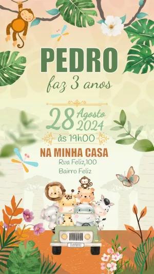 Convite Aniversário Safari com Animais para Editar Online