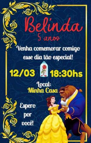 Convite Aniversário A Bela e a Fera com Personagens para Editar