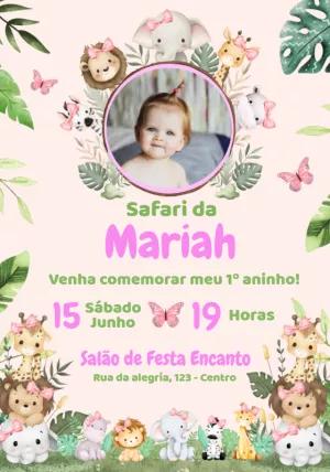 Convite Aniversário Safari Rosa com Foto para Editar Online